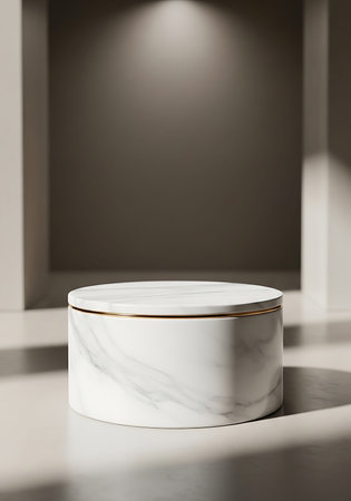 White marble product stand in front of white wall. 3d renderの写真素材