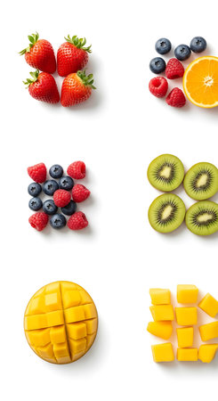 Mango, blueberry, strawberry, kiwi and mango on white backgroundの写真素材