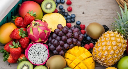 Exotic fruits and vegetables on a wooden background. Healthy food concept.