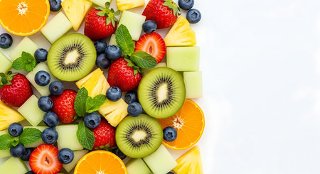 Fruit salad with strawberries, blueberries, kiwi, oranges and melon