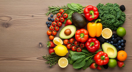 Healthy food background. Vegetables, fruits and berries on wooden table