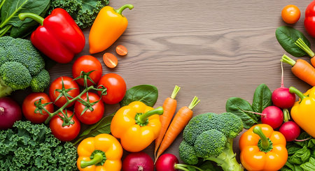 A colorful assortment of fresh vegetables neatly arranged on a wooden table, perfect for culinary or...