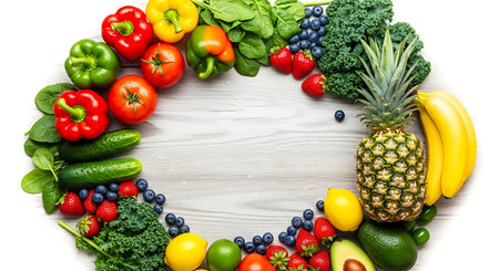 A vibrant and colorful collection of fresh fruits and vegetables displayed on a wooden surface. This...
