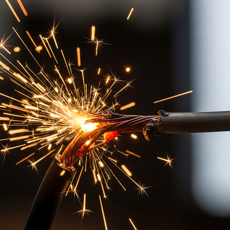 Electric cable with sparks close-up on a black background. Selective focus.の写真素材