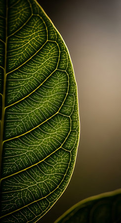 Close up of a green leaf in the morning light with copy space