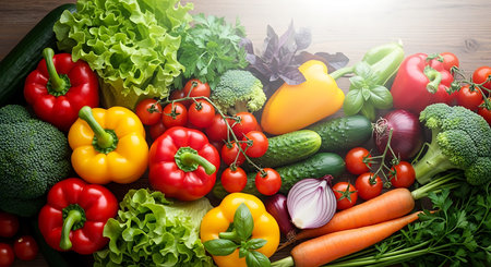 Fresh vegetables on wooden table. Healthy food background. Top view.