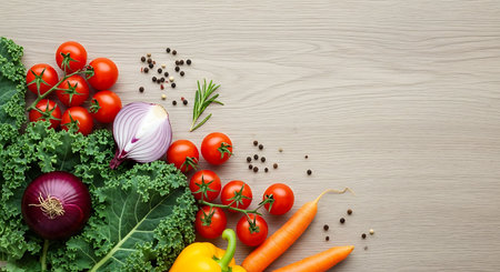Fresh vegetables on wooden table, space for text. Healthy food backgroundの写真素材