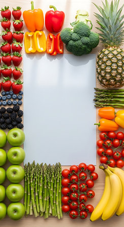 Fresh fruits and vegetables on wooden background. Top view with copy spaceの写真素材