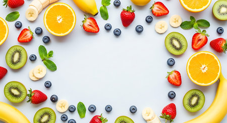 Creative layout made of fresh fruits and berries on blue background. Flat lay, top view.