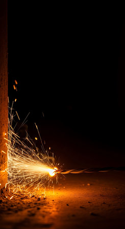 sparks while welder uses torch to cut steel at construction site