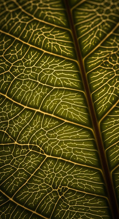 close up of a green leaf with veins and lines, abstract background