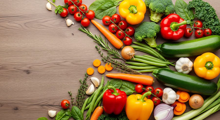 Fresh vegetables on wooden background. Healthy food concept. Top view.