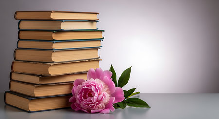 Stack of books and peony flower on grey background. Education conceptの写真素材