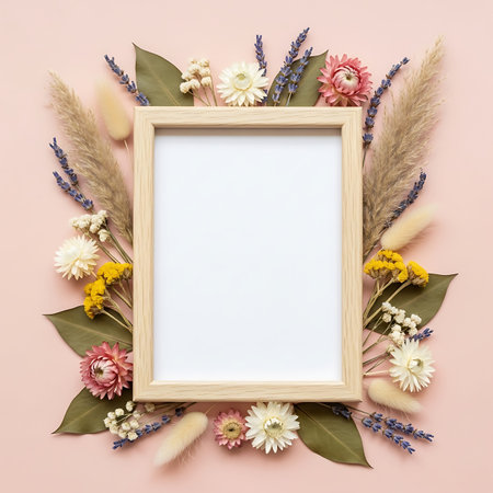 Creative layout made of dried flowers and wooden frame on pastel pink background. Flat lay, top...