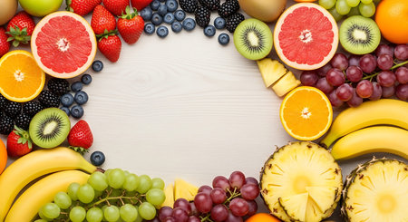 Fruits and berries on wooden table. Top view with copy space