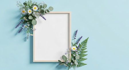 Flowers composition. Frame mockup on pastel blue background. Flat lay, top view, copy space