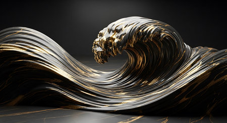 3d rendering of abstract wavy metallic background with golden lines.の写真素材