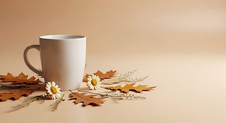 Coffee cup with autumn leaves and flowers on beige background