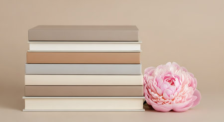 Stack of books with pink peony on beige background, copy spaceの写真素材