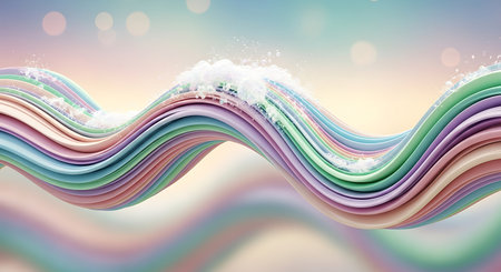abstract rainbow wave background with snowflakes and bokehの写真素材