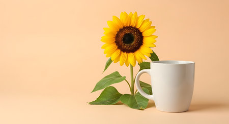 Cup of coffee and sunflower on beige background. Copy space.の写真素材