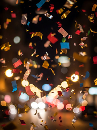 Colorful confetti flying in the air with bokeh background