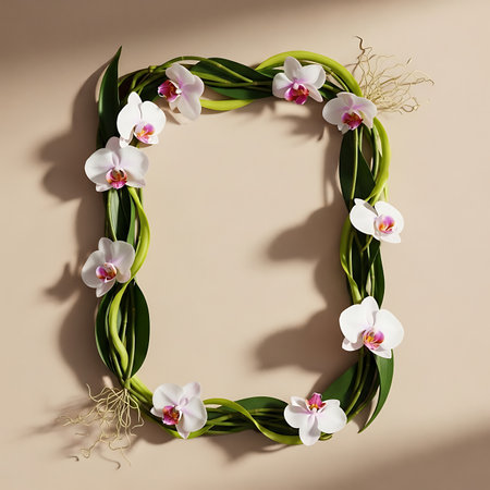 Flowers composition. Frame made of cotton flowers and green leaves on beige background. Flat lay, top view, copy spaceの写真素材