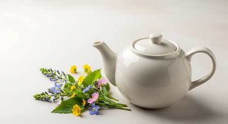 Teapot and bouquet of wildflowers on white backgroundの写真素材