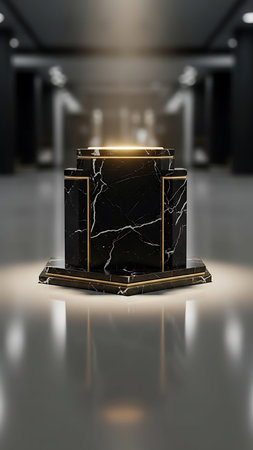 Black marble pedestal with cracked glass. 3d render illustration.