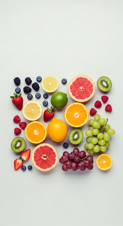 Variety of fresh fruits and berries on grey background. Top viewの写真素材
