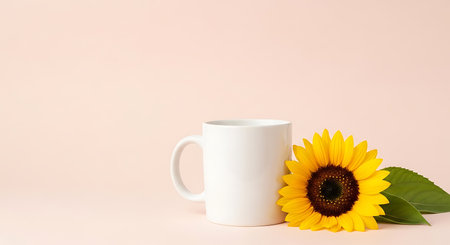 A simplistic presentation featuring a white ceramic mug accented by a vibrant sunflower, creating a minimalist yet elegant composition on a pale pink background.  Ideal for showcasing branding or designs with a touch of natural beauty.の写真素材