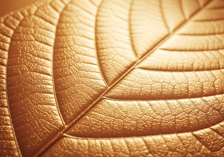 A close-up shot of a golden leaf showcasing its intricate venation and texture.の写真素材