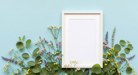 Flowers composition. Frame mockup with wildflowers on pastel blue background. Flat lay, top view,...