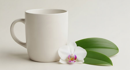 A serene composition featuring a clean, white ceramic mug complemented by a delicate white orchid, creating a peaceful and minimalist ambiance.の写真素材
