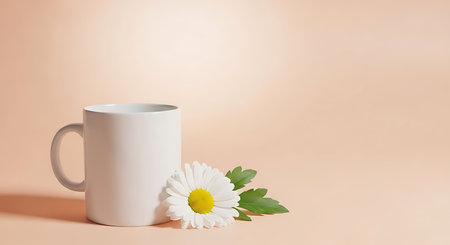 White cup with flower on beige background.の写真素材