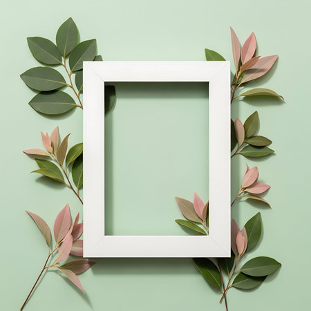 Creative layout made of green leaves and white frame on pastel green background. Flat lay, top view...
