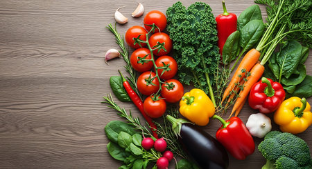 Fresh vegetables on wooden table. Healthy food background. Top view.