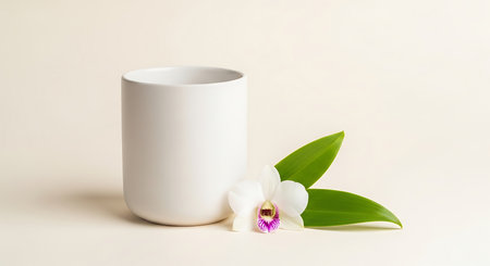 White ceramic cup with white orchid on a light background. Mockup.の写真素材