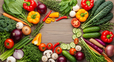 Frame made of fresh vegetables on wooden background, top view. Space for text