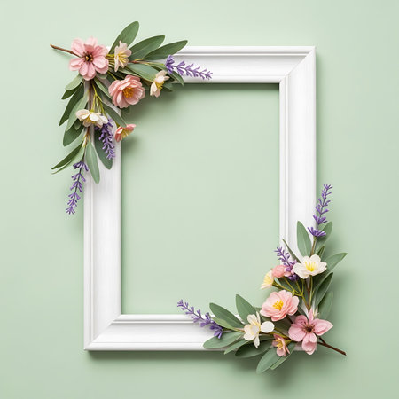 Flowers composition. Frame mockup with flowers on pastel green background. Flat lay, top view,...