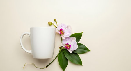 White cup with orchid flowers on white background. Flat lay, top view.の写真素材