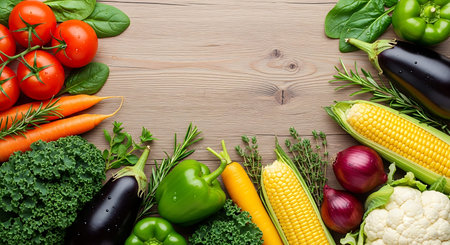 Fresh vegetables on wooden table. Healthy food background. Top view.