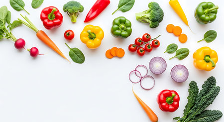Colorful fresh vegetables on white background. Top view. Flat lay