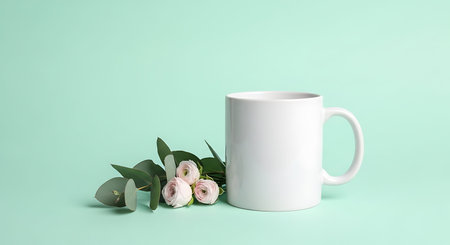 White mug mockup with eucalyptus leaves and flowers