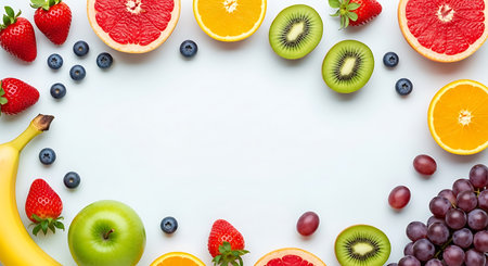 Fruits and berries on white background. Top view, flat lay