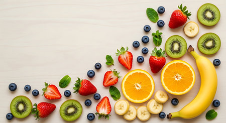 Fresh fruits and berries on a light wooden background. Top view.
