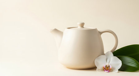 White teapot and white orchid on a light background.の写真素材