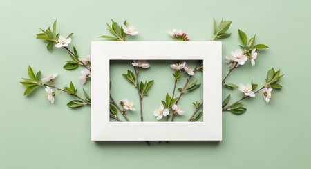Creative layout made of spring flowers and white frame on green background. Flat lay, top view, copy...