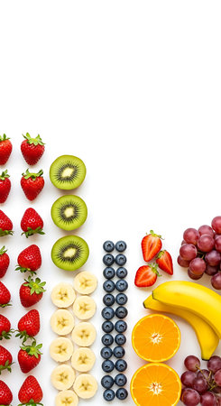 Fruits and berries isolated on white background. Flat lay, top view