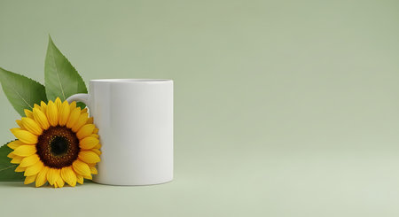 White mug and sunflower on green background. 3D rendering.の写真素材